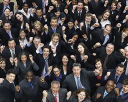 Large group of workers cheering